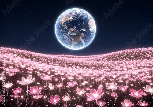 Surreal glowing pink flower field at night with the planet Earth rising in the starry dark sky.