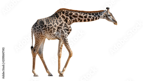 Tall spotted giraffe walking with head down, isolated on transparent background