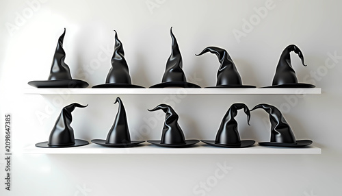 Row of black wizard hats on white shelf, minimalist style, modern design, copy space