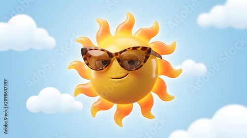 Smiling sun wearing sunglasses in a bright blue sky