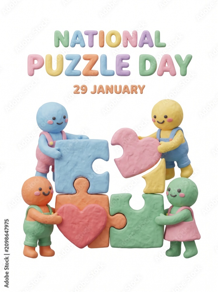 Naklejka premium Cute clay illustration of colorful characters assembling puzzle pieces for National Puzzle Day