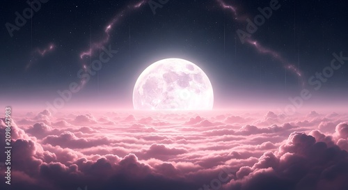 Giant full moon rising over a soft sea of pink clouds in a starry night sky.