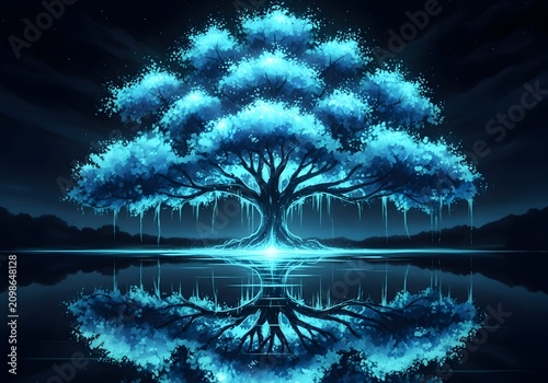 Ethereal bioluminescent blue tree with roots reflected in dark still water at night