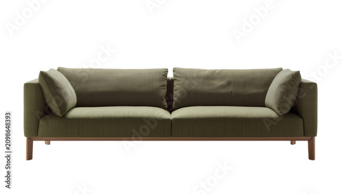 Bild auf Leinwand Modern olive green fabric sofa with wooden legs, isolated on transparent backgro