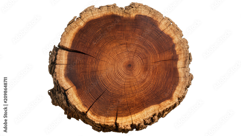 Obraz premium Rough bark tree stump cross-section with visible growth rings, isolated on transparent background