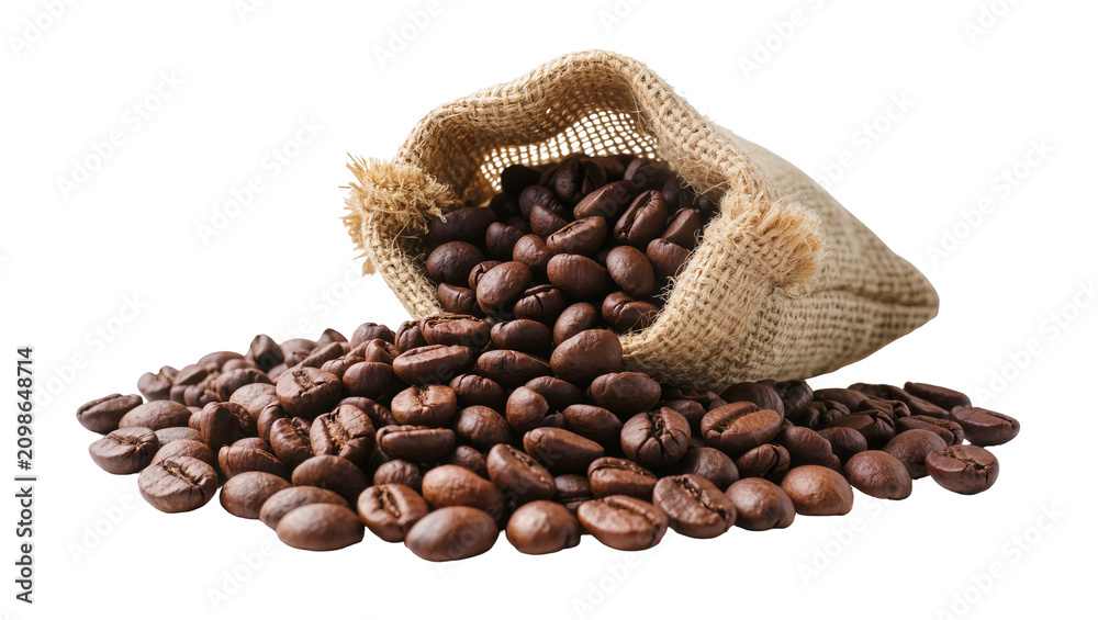 Fototapeta premium Roasted coffee beans spilling from a burlap sack, isolated on transparent background