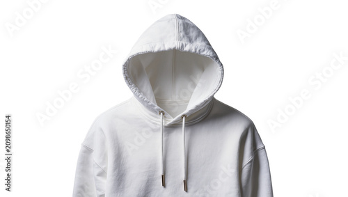 Photos Plain white hooded sweatshirt with drawstring and metal aglets, isolated on tran
