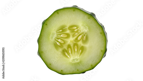 Obraz na płótnie Fresh green cucumber slice with visible seeds and pulp, isolated on transparent
