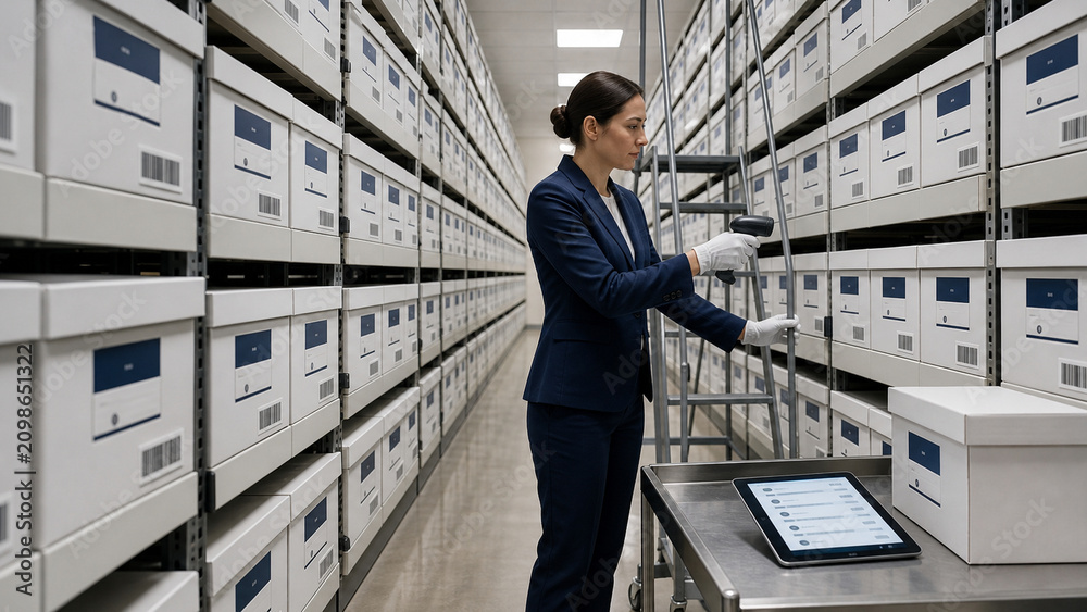 Fototapeta premium Professional woman uses a barcode scanner to manage archive boxes in a clean records storage warehouse with tablet and shelving.