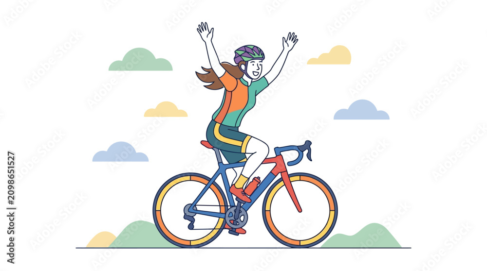 Fototapeta premium Woman riding bicycle with arms raised in celebration on a sunny day outdoors