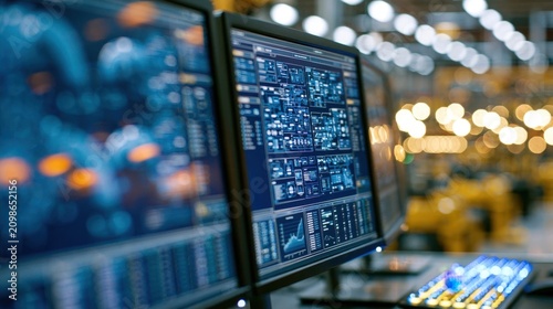 Computer monitors displaying complex data in an industrial control room