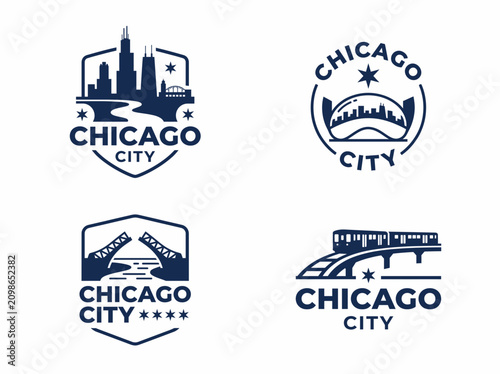 Set of chicago city logos with iconic landmarks and skyline silhouettes