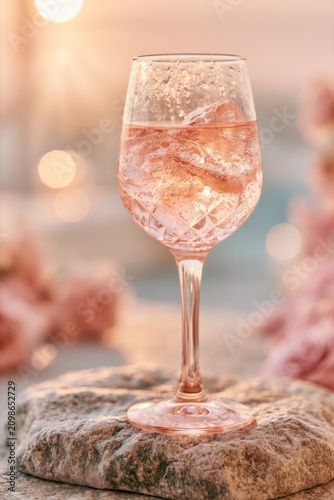 Close-up of sparkling rosé with ice cubes in a crystal wine glass. Warm golden light, soft floral background and luxurious outdoor celebration concept.