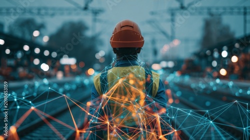 Construction worker in orange safety vest and hard hat overlooking industrial site with digital network overlay