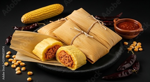plump, steaming Tamales wrapped beautifully in natural corn husks, arranged on a dark volcanic plate. One tamale is partially unwrapped to expose the fluffy yellow corn masa dough and a rich, moist fi