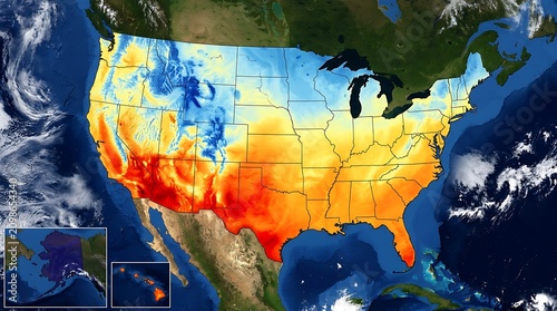 Heat Map Analysis of United States Climate Patterns, Satellite Imagery, Environmental Overview, Aerial Perspective