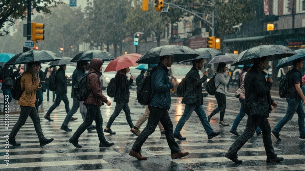 Obraz premium Pedestrians Walking Across City Street Under Umbrellas During Heavy Rainstorm in Urban Environment with Wet Asphalt Reflections and Moody Atmospheric Lighting