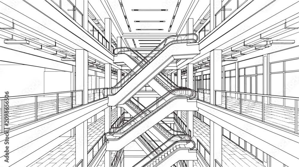 Obraz premium Modern shopping mall interior with escalators and multi level atrium architectural wireframe sketch in black and white