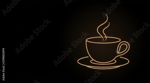 Minimalist outline of a steaming coffee cup set on a saucer glows against a deep dark background for use in cafe menu design layouts.