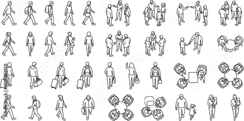 Isometric people collection with walking figures and social groups in simple black line art vector style