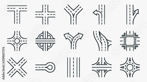 Minimalist Black and White Road Signs and Traffic Junction Symbols Set with high quality professional line art symbols for modern creative design and digital branding projects