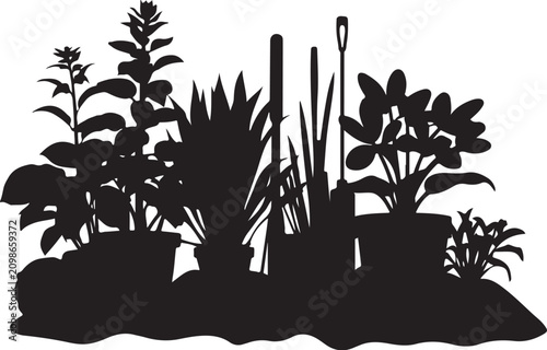 Black silhouette of potted plants and gardening tools on desi