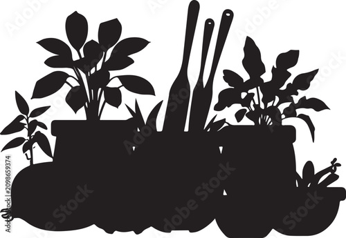 Black silhouette of potted plants and gardening tools on desi