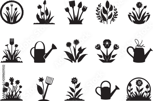 Black silhouettes of flowers, plants, gardening tools