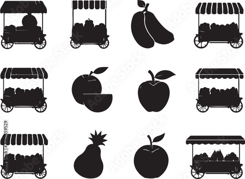 Black silhouettes of fruit carts and fruit on white apples de