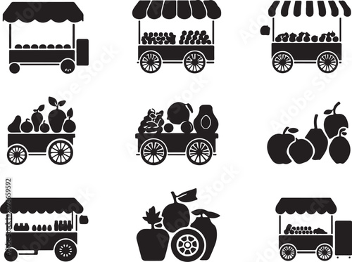 Black silhouettes of fruit carts and fruit, various apples de