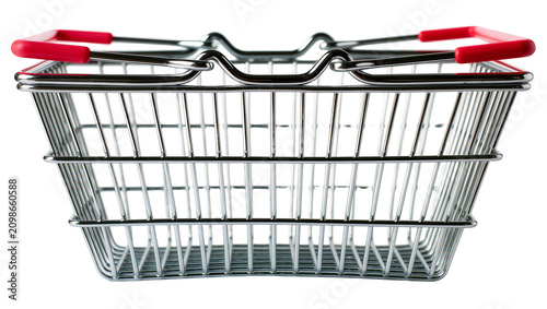 Shiny chrome wire shopping basket with red handles, isolated on transparent background