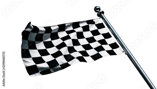 Fotografie Waving black and white checkered racing flag on metal pole, isolated on transpar