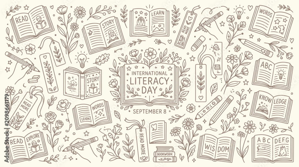 Obraz premium International Literacy Day celebration with hand-drawn illustrations of books, reading, and writing elements.