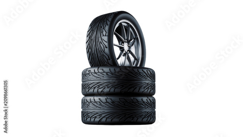 Photos Stack of three black rubber car tires with silver alloy rims, isolated on transp