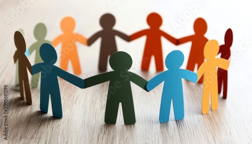 Paper figures arranged in a circle symbolize teamwork and unity.