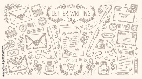 Konstfotografi Letter Writing Day illustration with envelopes, pens, ink, stamps, and decorative elements