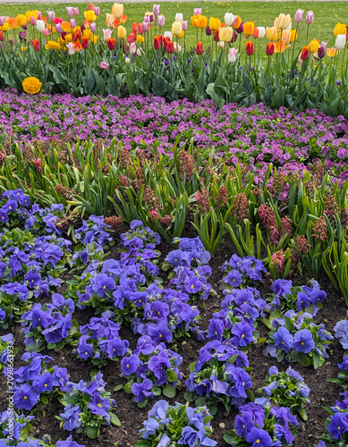 Natural multi flower background. Colorful summer floral viola and tulips flowerbed texture. 