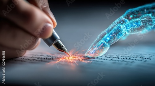 A human hand holding a pen signs a document, with a glowing robotic hand assisting. ..Created with Generative AI, not depicting real subjects.