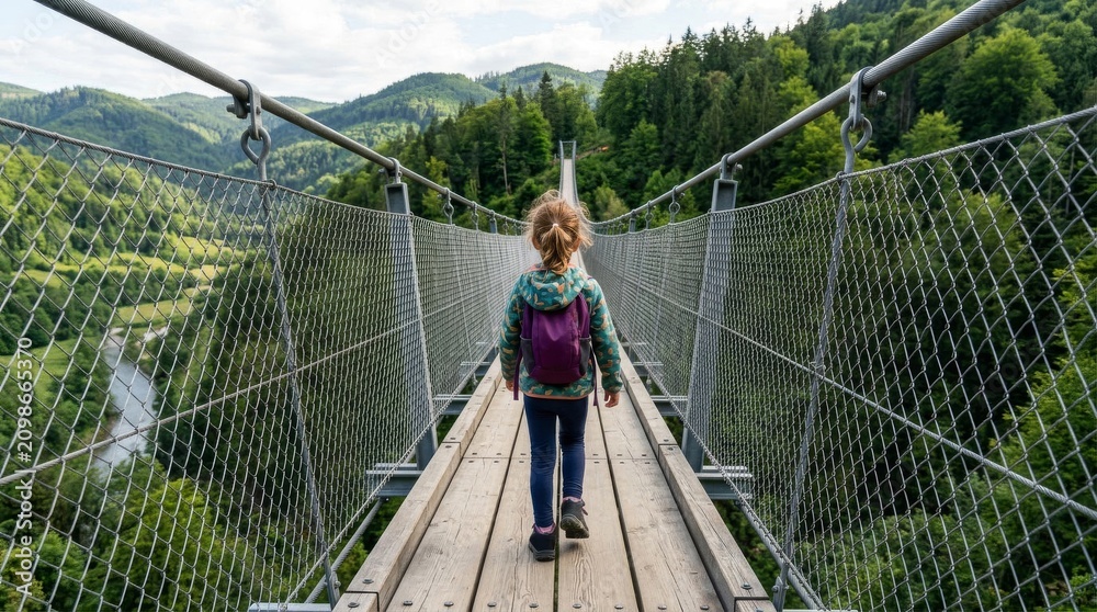 Fototapeta premium A young child walking alone across a high suspension bridge in a scenic forest.