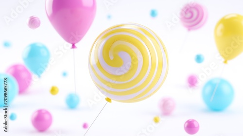 Yellow swirl balloon floating with pink party balloons.