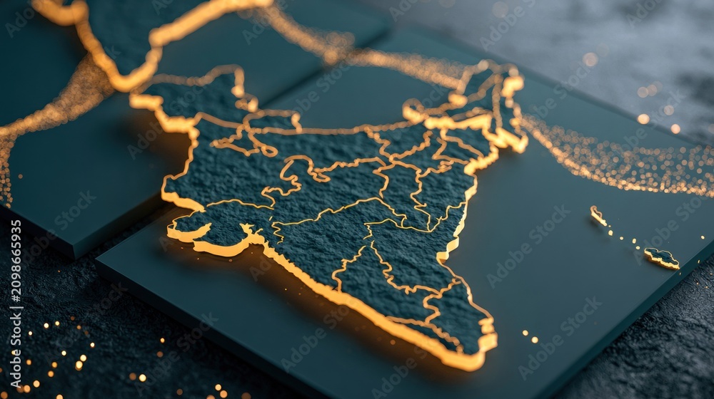 Obraz premium 3D golden wireframe India map on dark tiles.