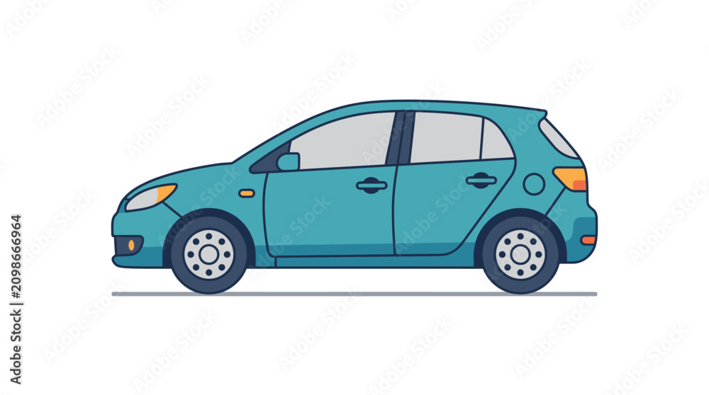 Naklejka premium Teal colored hatchback car in a simple flat illustration style