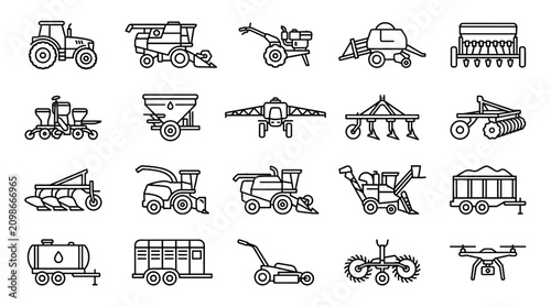 Foto Agricultural Machinery and Farm Equipment Black Line Art Vector Icon Set Featuri