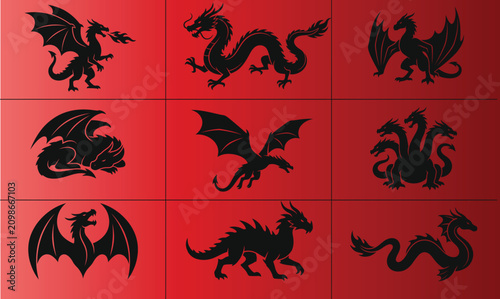 Bild auf Leinwand Mythical dragon black silhouette icons set featuring fire breathing wyverns multi headed hydras flying serpents and asian monsters isolated vector illustrations templates