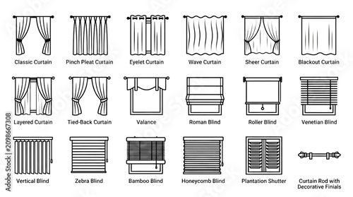 Φωτογραφία Window Curtains and Blinds Black and White Vector Icon Set Featuring Drapes Shad