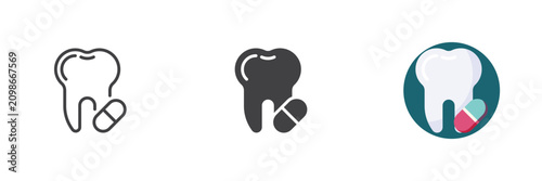 Photos Toothache painkiller icon set with line, solid and flat colorful icon versions