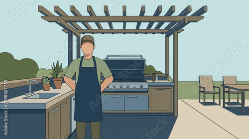 Obraz na płótnie Illustrated man in apron standing in outdoor kitchen with grill and pergola