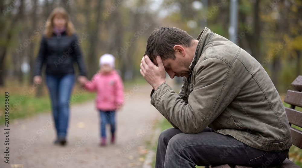 Fototapeta premium A man sits on a park bench with his head in his hands, looking distressed, as a woman and child walk away in the background.