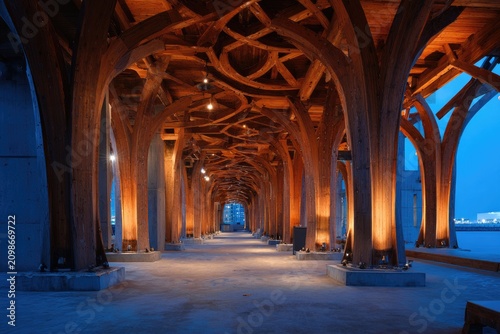Passage featuring intricate wooden arches, illuminated with warm light, and a cool evening sky