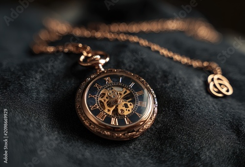 A close-up shot of an open-faced, ornate pocket watch with a delicate chain